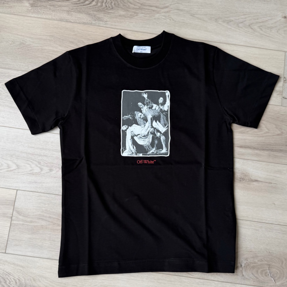 Off-White T-Shirt Tee‎ Black Graphic Crew Tee with Monochrome Print